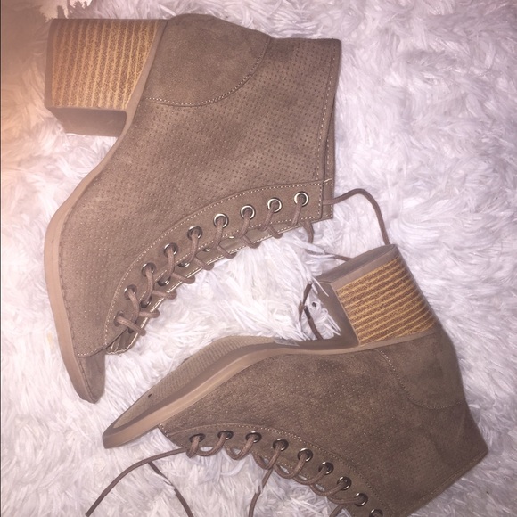 Tan peep toe wedge sandals