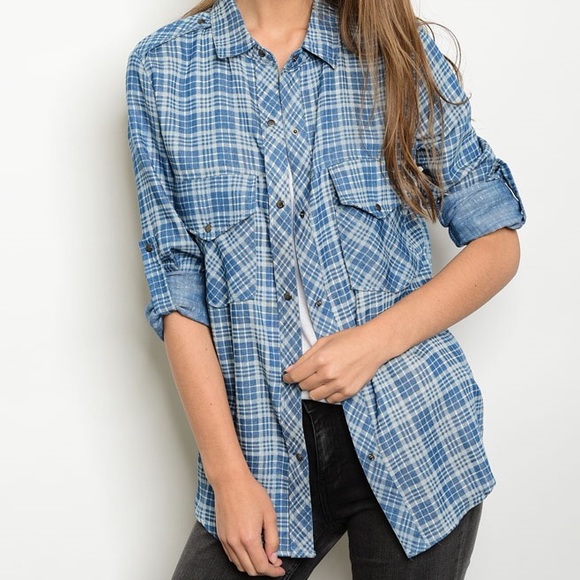 🎈LAST ONE🎈Blue Plaid Chambray Denim Button Down - Picture 2 of 4
