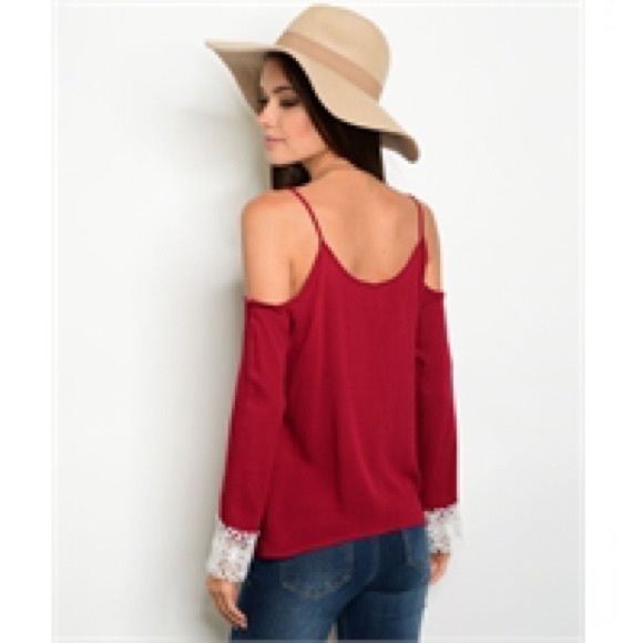 Wine cold shoulder Blouse W/Lace - Picture 2 of 2