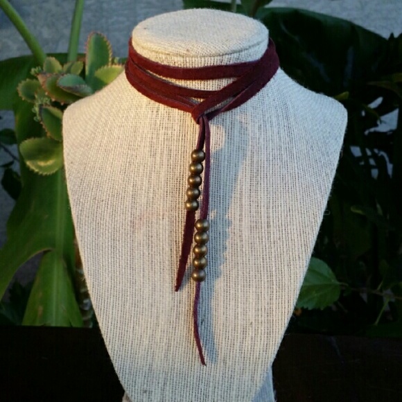 Empty Graves Jewelry - Burgundy Suede Leather Lasso Choker Brass Beads