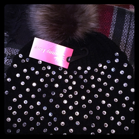 SOLD Bling Beanie with Faux Fir Pom Pom