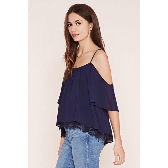 Cold Off Shoulder Lace Paneled Hem Top - Picture 2 of 3