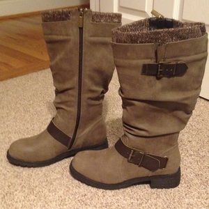 Tall gray/brownish boots!