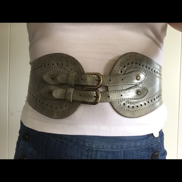 leather cinch belt with buckles and detail print