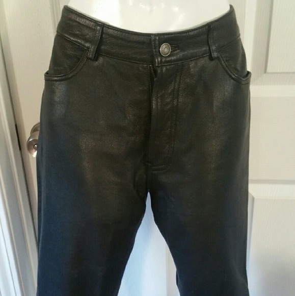 Genuine leather  black straight leg pants