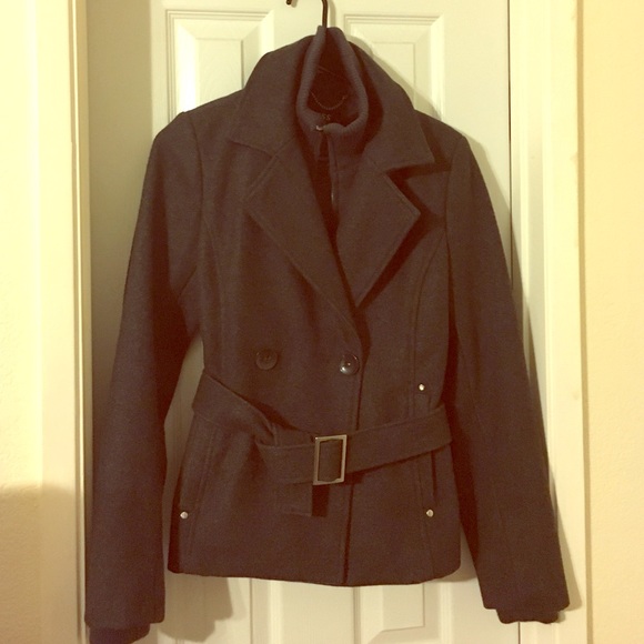 Charcoal Gray belted funnel neck coat.