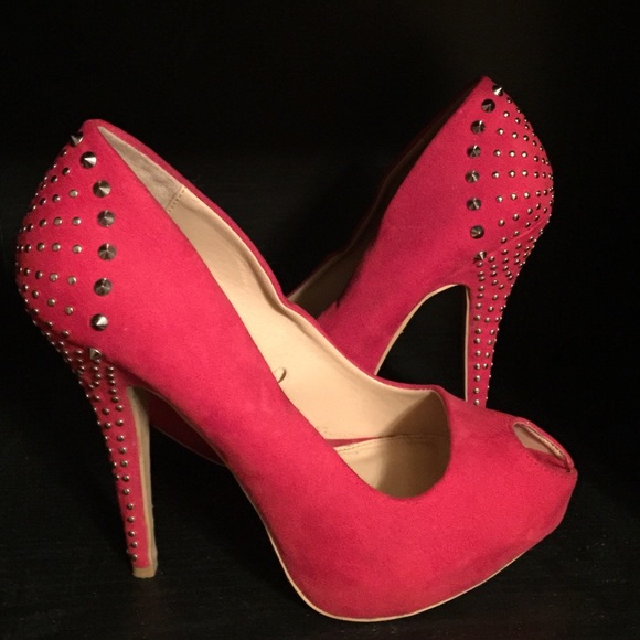 Red Platform Stud Heels - Picture 2 of 4