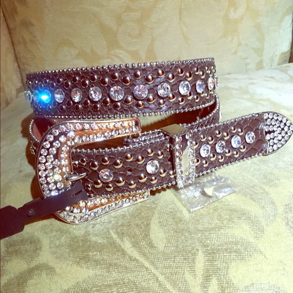Brown Leather Bling Belt