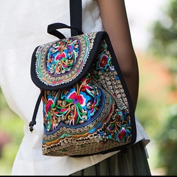 Embroidered Thai Boho Mini Backpack Hobo Bag Purse - Picture 2 of 4