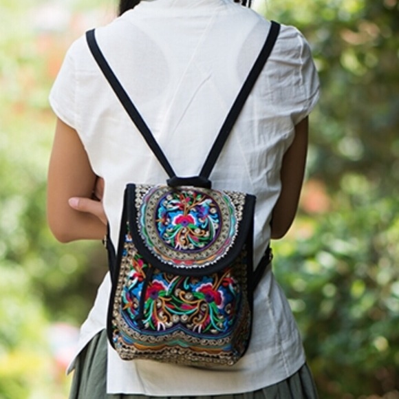 Embroidered Thai Boho Mini Backpack Hobo Bag Purse - Picture 3 of 4
