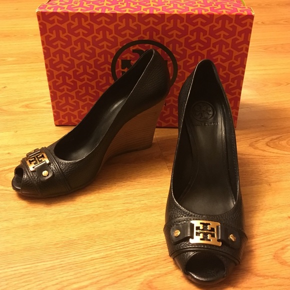 Tory Burch Black Open Toe Wedges