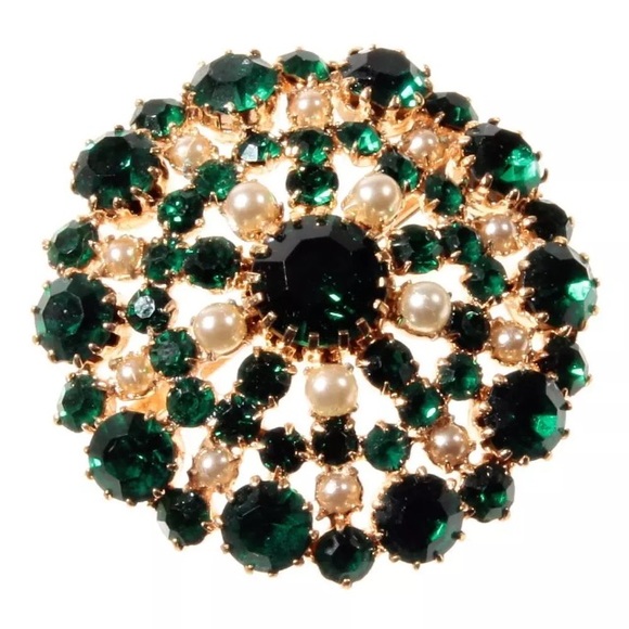 Vintage Czech Rhinestone Faux Pearl beaded Brooch