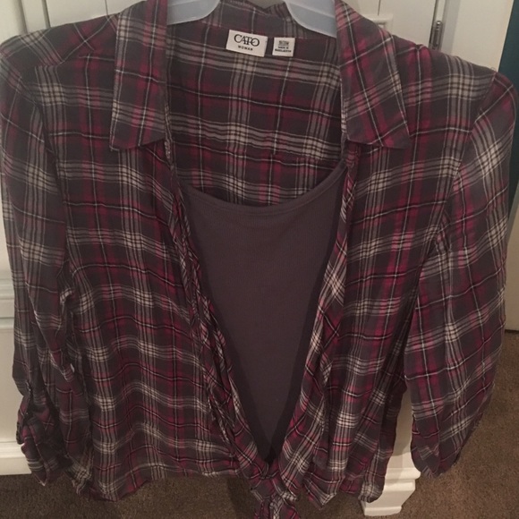 Pink and gray top.