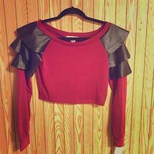NWT long sleeve crop top with leather ruffles