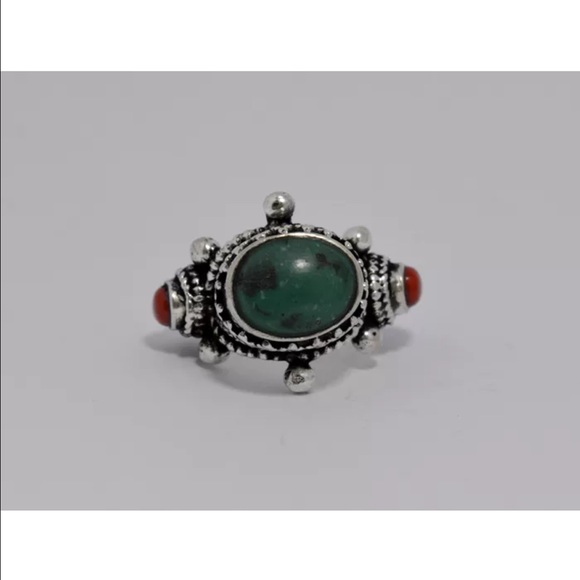 Sterling silver ring with coral and turquoise