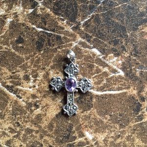 Vintage Sterling Silver Marcasite & Amethyst Cross