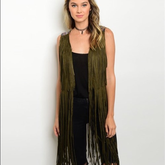 Boho Olive fringed vest sizes S-L available - Picture 2 of 2