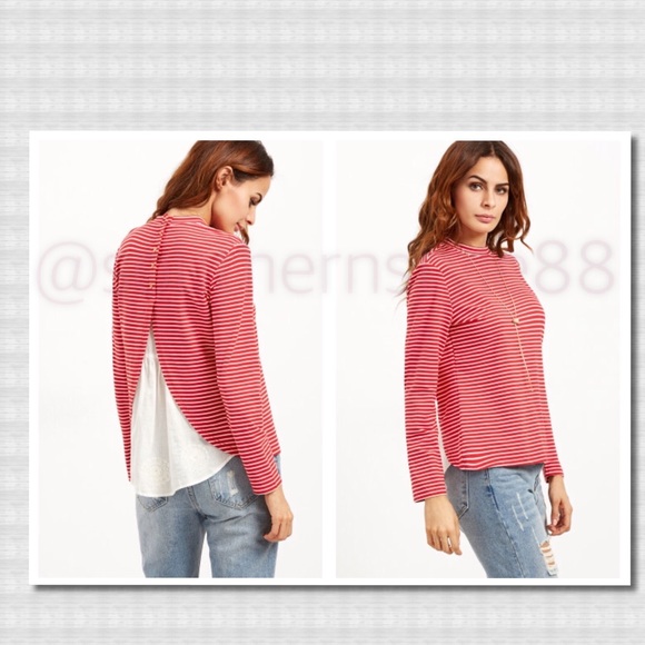 Red Striped Contrast Eyelet Embroidered Trim Top