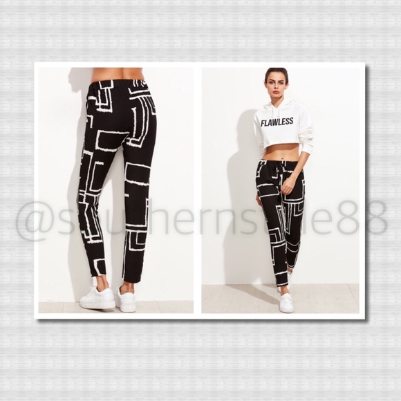 Black Geometric Print Drawstring Pants XL BNWT