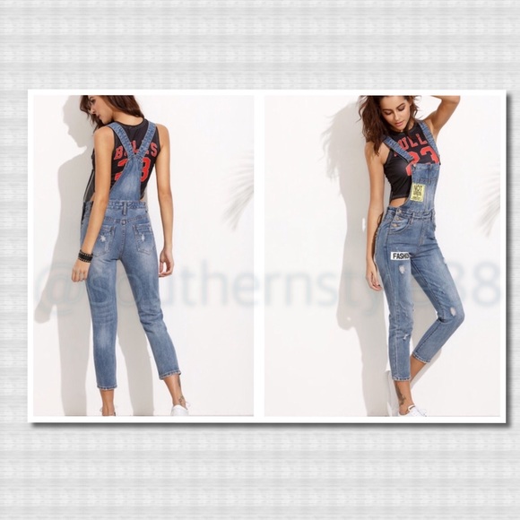 Boutique Pants - Ripped Letters Overalls Light Denim Jeans BNWT XL