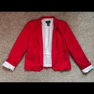 Chic Red Blazer with Blue-&-White Pinstripe Lining
