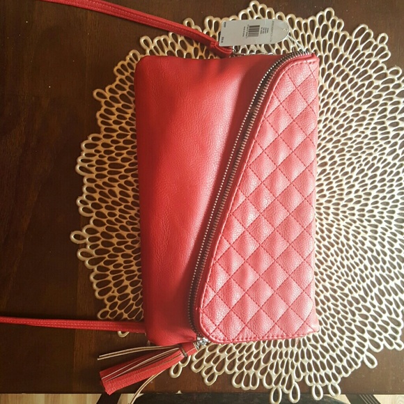 Tomato red leather convertible clutch w tassle