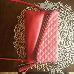 Tomato red leather convertible clutch w tassle