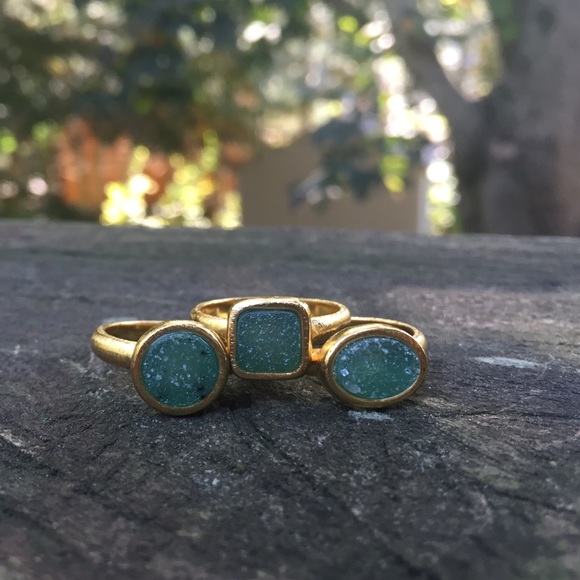 Marcia Moran gold/green druzy ring set