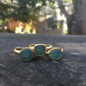 Marcia Moran gold/green druzy ring set