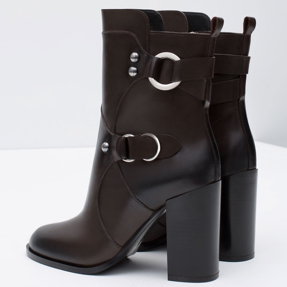 Zara Leather Metal Ring Ankle Heel Boot 6.5 - Picture 4 of 8