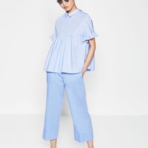 ZARA Blue Frill Collared Top