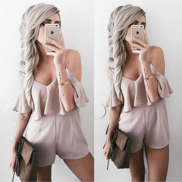 Off Shoulder Mauve Ruffle Romper