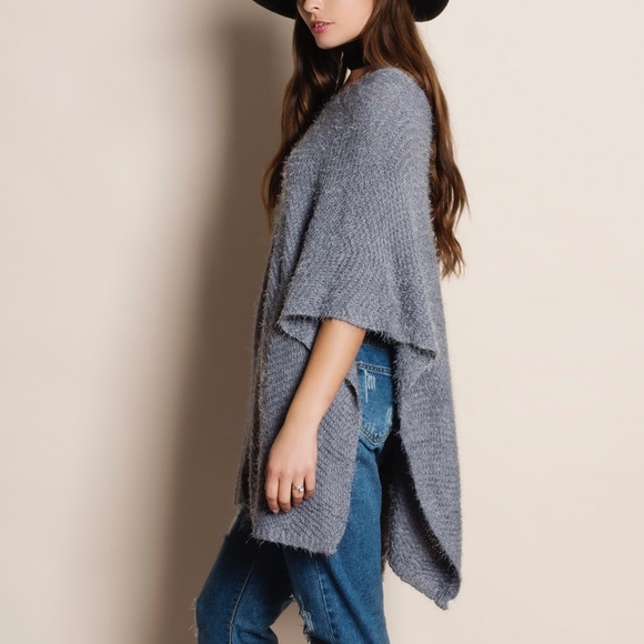 Grey Fuzzy Poncho Pullover Sweater - Picture 2 of 3