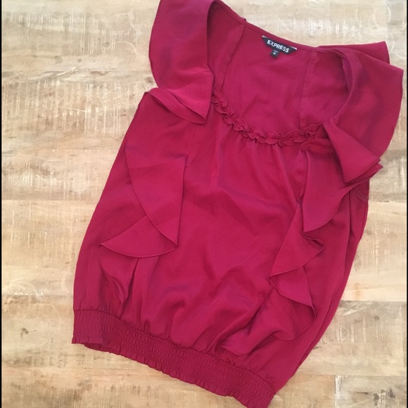 Express dark red satin ruffle blouse