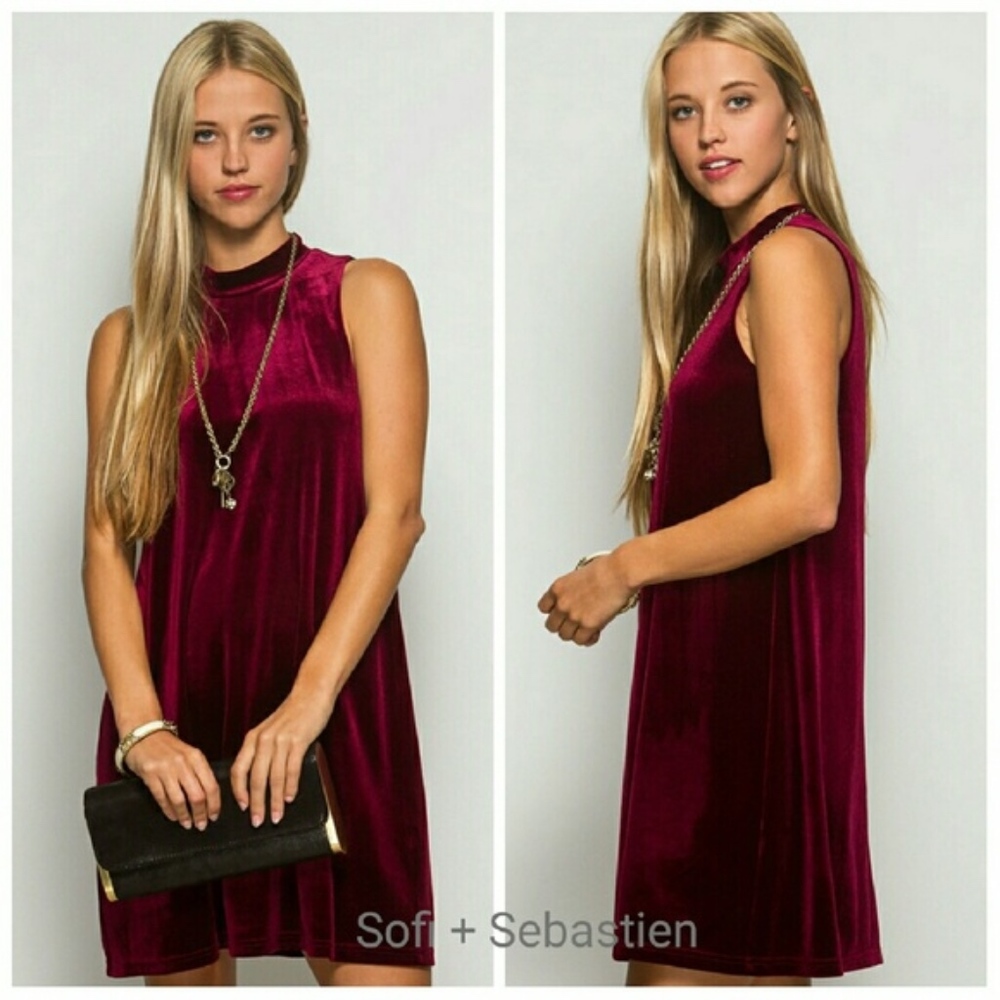 Festive velvet mini dress burgundy wine sleeveless - Picture 4 of 5