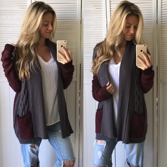 Sold • Mulberry & Smokey Grey Cable Cardi - Picture 3 of 4