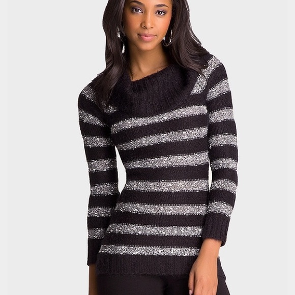 Bebe multi stripe fold over sweater tunic black - Picture 1 of 4
