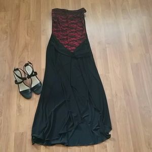 Red and black strapless dress