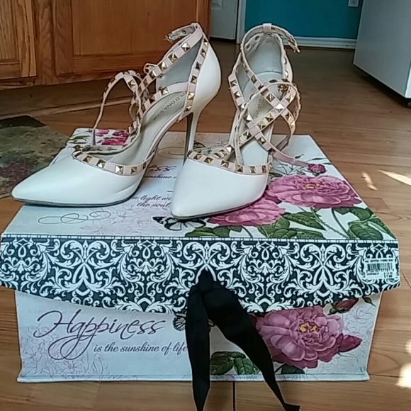 Sexy gold studded cream heels