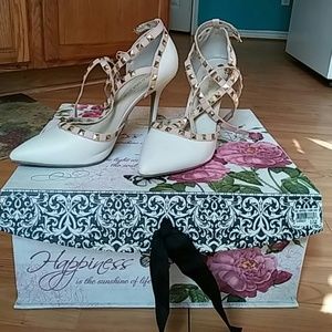 Sexy gold studded cream heels