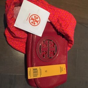 Tory Burch red Amanda Large Logo Clutch with chain