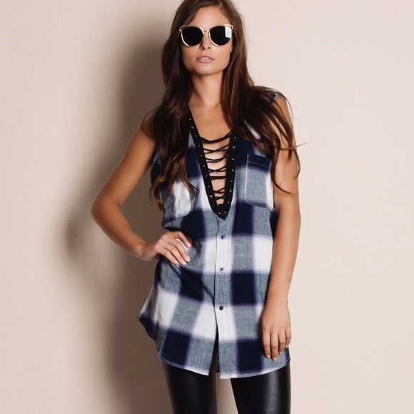 Lace Up Plaid Button Down Tunic Top - Picture 1 of 4