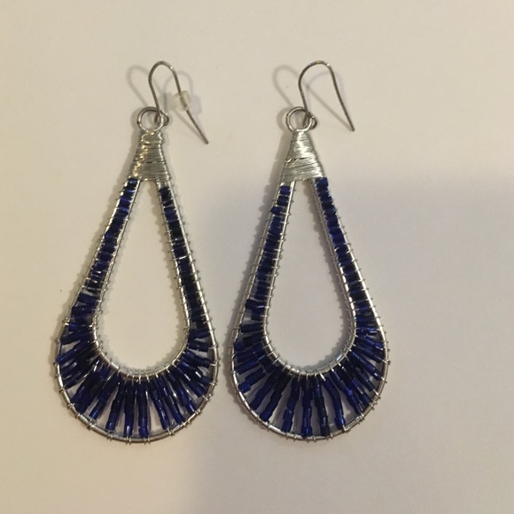 Silver and blue bead teardrop earrings