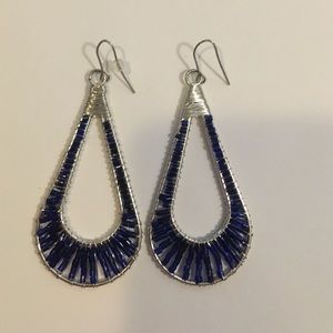 Silver and blue bead teardrop earrings