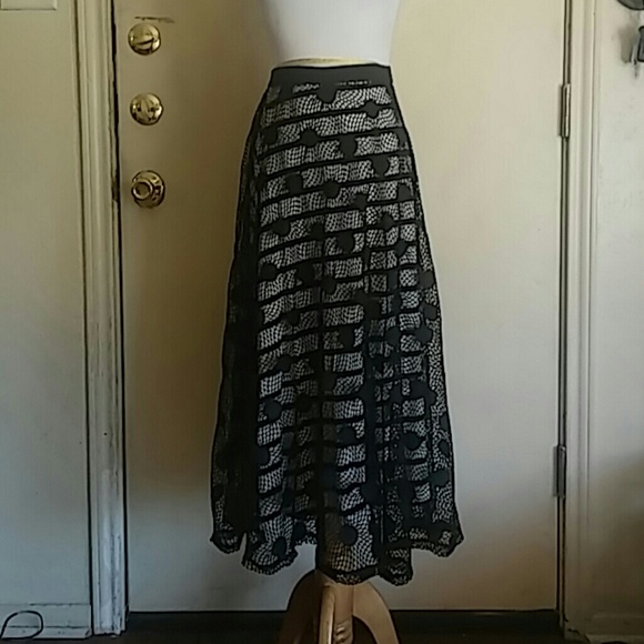 Bobeau Striped Midi Skirt w/Black Lace Overlay