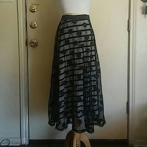 Bobeau Striped Midi Skirt w/Black Lace Overlay
