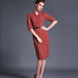 Daisy Print 3/4 Sleeve Wine Red Chiffon Midi Dress