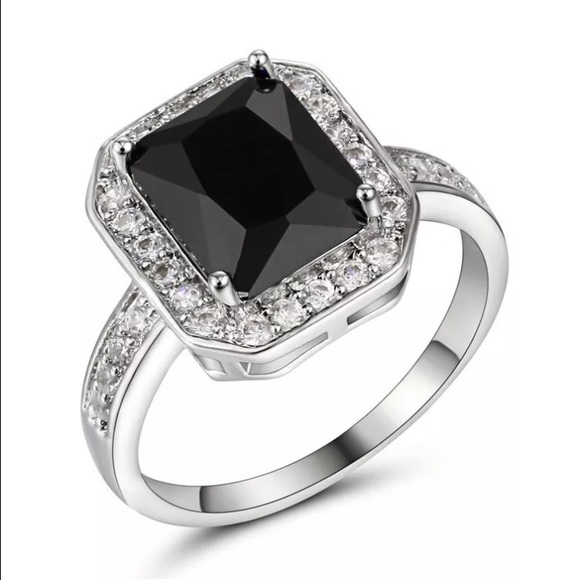 Black Emerald Cut Halo White Gold Engagement Ring - Picture 1 of 4