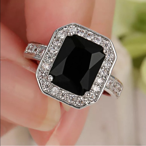 Black Emerald Cut Halo White Gold Engagement Ring - Picture 2 of 4