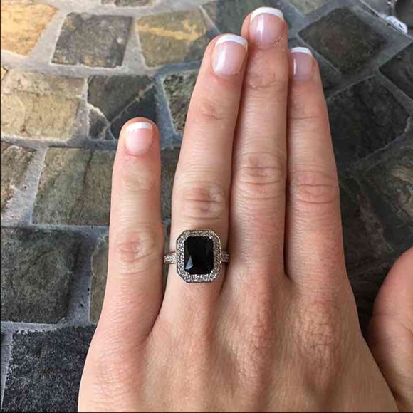 Black Emerald Cut Halo White Gold Engagement Ring - Picture 3 of 4